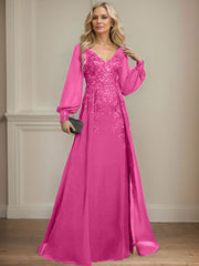 A-Line V-Neck Long Sleeves Floor-Length Chiffon Mother Of The Bride Dresses With Lace