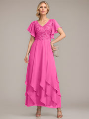 A-line V-Neck Ankle-Length Lace Chiffon Mother of the Bride Dress With Cascading Ruffles