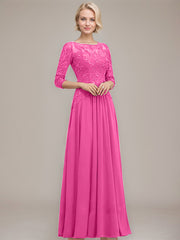 A-line Boat Neck Illusion Floor-Length Chiffon Lace Mother of the Bride Dress With Sequins Beading