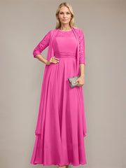 A-line Scoop Illusion Floor-Length Lace Chiffon Mother of the Bride Dress With Pleated