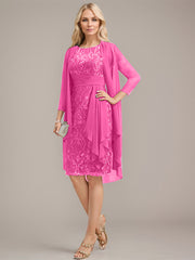 Sheath/Column Scoop Illusion Knee-Length Lace Chiffon Mother of the Bride Dress With Cascading Ruffles Sequins