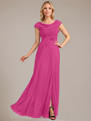 A-line Scoop Floor-Length Mesh Mother of the Bride Dress With Pleated Beading