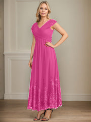 A-line V-Neck Ankle-Length Chiffon Mother of the Bride Dress With Bow Sequins Appliques Lace