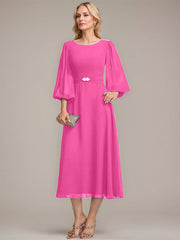 A-line Scoop Tea-Length Chiffon Mother of the Bride Dress With Crystal Brooch Pleated