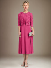 A-line Scoop Tea-Length Chiffon Mother of the Bride Dress With Pleated