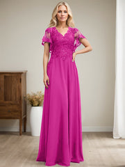 A-line V-Neck Floor-Length Lace Chiffon Mother of the Bride Dress With Sequins