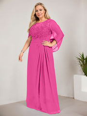 A-line Scoop Illusion Floor-Length Lace Chiffon Mother of the Bride Dress With Sequins Pleated