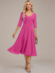 A-line V-Neck Tea-Length Chiffon Mother of the Bride Dress With Pleated