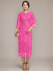 Sheath/Column Scoop Tea-Length Lace Chiffon Mother of the Bride Dress