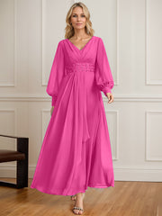 A-line V-Neck Ankle-Length Chiffon Mother of the Bride Dress With Cascading Ruffles Beading Sequins