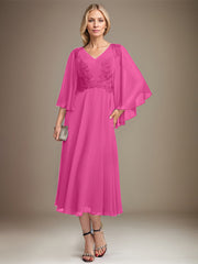 A-line V-Neck Tea-Length Chiffon Lace Mother of the Bride Dress With Sequins Beading