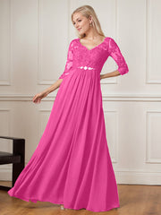 A-Line Floor-Length V-Neck Lace Chiffon Mother of the Bride Dress