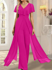 Jumpsuit/Pantsuit V-Neck Floor-Length Chiffon Evening Dress