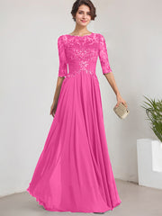 A-line Scoop Illusion Floor-Length Lace Chiffon Mother of the Bride Dress With Pleated Sequins
