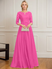 A-line Scoop Floor-Length Lace Chiffon Mother of the Bride Dress With Crystal Brooch Sequins