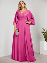 A-line V-Neck Floor-Length Chiffon Lace Mother of the Bride Dress With Sequins Beading