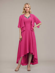 A-line V-Neck Asymmetrical Chiffon Mother of the Bride Dress With Beading Sequins