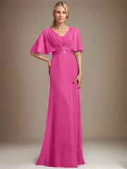 A-line V-Neck Floor-Length Chiffon Mother of the Bride Dress With Sequins Appliques Lace Pleated