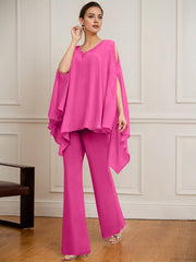 Separates Jumpsuit/Pantsuit V-Neck Floor-Length Chiffon Mother of the Bride Dress With Beading