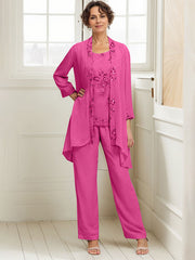 Elegant Appliques 3 Pieces Chiffon Mother of The Bride Jumpsuit with Wrap
