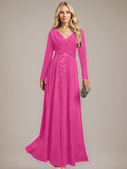 A-line V-Neck Floor-Length Stretch Crepe Evening Dress With Pleated Sequins Appliques Lace