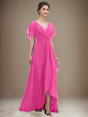 A-line V-Neck Asymmetrical Chiffon Mother of the Bride Dress With Sequins Beading Cascading Ruffles