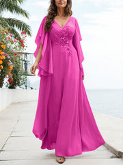 A-Line V-Neck Floor-Length Chiffon Mother Of The Bride Dresses With Appliques Lace