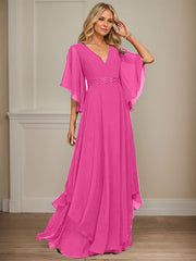 A-line V-Neck Floor-Length Chiffon Mother of the Bride Dress With Sequins Appliques Lace Beading