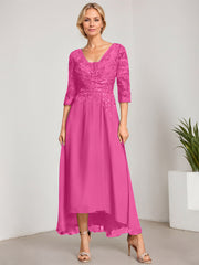 A-line V-Neck Asymmetrical Chiffon Lace Mother of the Bride Dress With Pleated Beading
