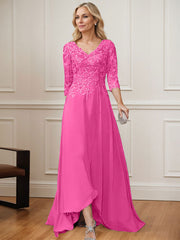 A-Line V-Neck 3/4 Sleeves Chiffon Mother Of The Bride Dresses With Lace