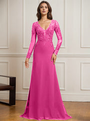 Sheath/Column V-Neck Detachable Sweep Train Lace Tulle Chiffon Mother of the Bride Dress With Sequins
