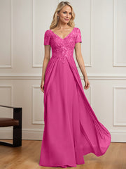 A-line V-Neck Floor-Length Chiffon Lace Mother of the Bride Dress