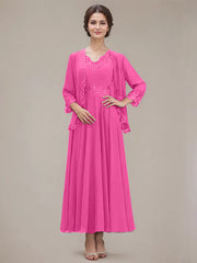 A-line V-Neck Ankle-Length Chiffon Mother of the Bride Dress With Sequins Appliques Lace Beading
