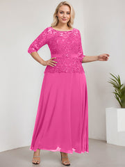A-line Scoop Illusion Ankle-Length Chiffon Lace Mother of the Bride Dress With Rhinestone Beading