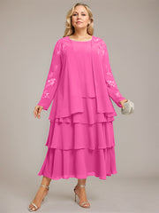 A-line Scoop Tea-Length Chiffon Mother of the Bride Dress With Cascading Ruffles
