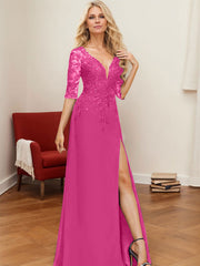 A-Line V-Neck 1/2 Sleeves Floor-Length Chiffon Mother Of The Bride Dresses With Lace