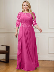 A-line Scoop Floor-Length Lace Chiffon Mother of the Bride Dress With Cascading Ruffles Sequins