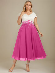 A-line V-Neck Tea-Length Satin Chiffon Mother of the Bride Dress With Appliques Lace