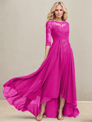 A-line Scoop Illusion Asymmetrical Lace Chiffon Mother of the Bride Dress With Pleated Sequins
