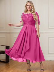 A-line Boat Neck Illusion Asymmetrical Lace Chiffon Mother of the Bride Dress With Cascading Ruffles Sequins
