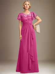 A-line Asymmetrical Illusion Floor-Length Lace Chiffon Mother of the Bride Dress With Cascading Ruffles Sequins