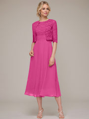 A-line/Princess Scoop Tea-Length Chiffon Mother of the Bride Dress With Lace Jacket