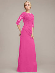 A-line Scoop Floor-Length Chiffon Lace Mother of the Bride Dress With Sequins Beading Pleated