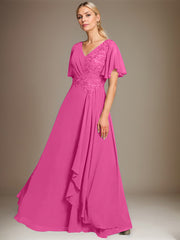 A-line V-Neck Floor-Length Lace Chiffon Mother of the Bride Dress With Cascading Ruffles Sequins