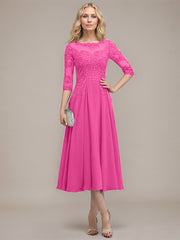 A-line Scoop Illusion Tea-Length Chiffon Lace Mother of the Bride Dress With Sequins Beading