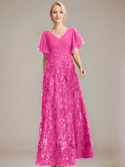 A-line V-Neck Floor-Length Lace Sequin Chiffon Mother of the Bride Dress With Pleated