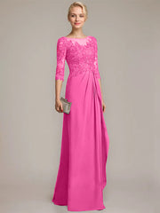 A-line Scoop Illusion Floor-Length Chiffon Lace Mother of the Bride Dress With Beading Sequins Cascading Ruffles