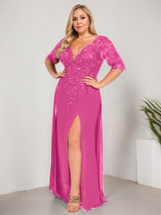 Sheath/Column V-Neck Floor-Length Lace Chiffon Mother of the Bride Dress With Sequins