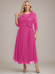 A-line Boat Neck Illusion Tea-Length Lace Chiffon Mother of the Bride Dress With Sequins