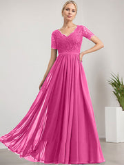 A-line V-Neck Floor-Length Lace Chiffon Mother of the Bride Dress
